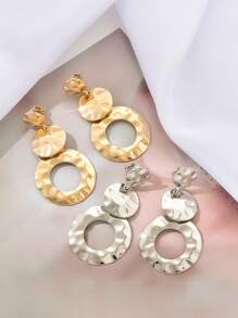 2pcs Metal Geometric Round Clip Earrings, Exaggerated Vintage Smooth Textured Non-Pierce Earrings For Party Wear - Circle - View 2
