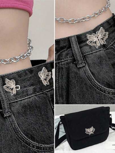 1pc/2pcs Hollow Butterfly Belt Buckle, Durable & Fashionable Detachable Clips Suitable For Jeans, Skirts, Pants. For Women, Comes With Faux Pearl Brooch, Can Be Used To Tighten Waistbands Or As Clothing Accessory