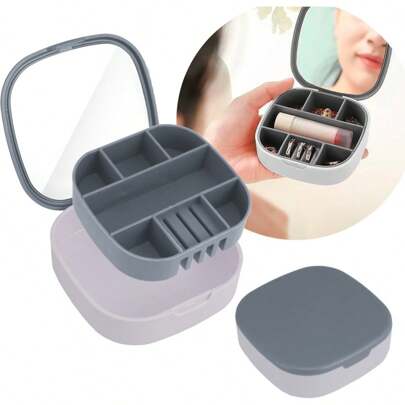 1 piezas Mini Joyero Organizador Con Espejo Portátil Viaje Alhajero Color Blanco y rosa