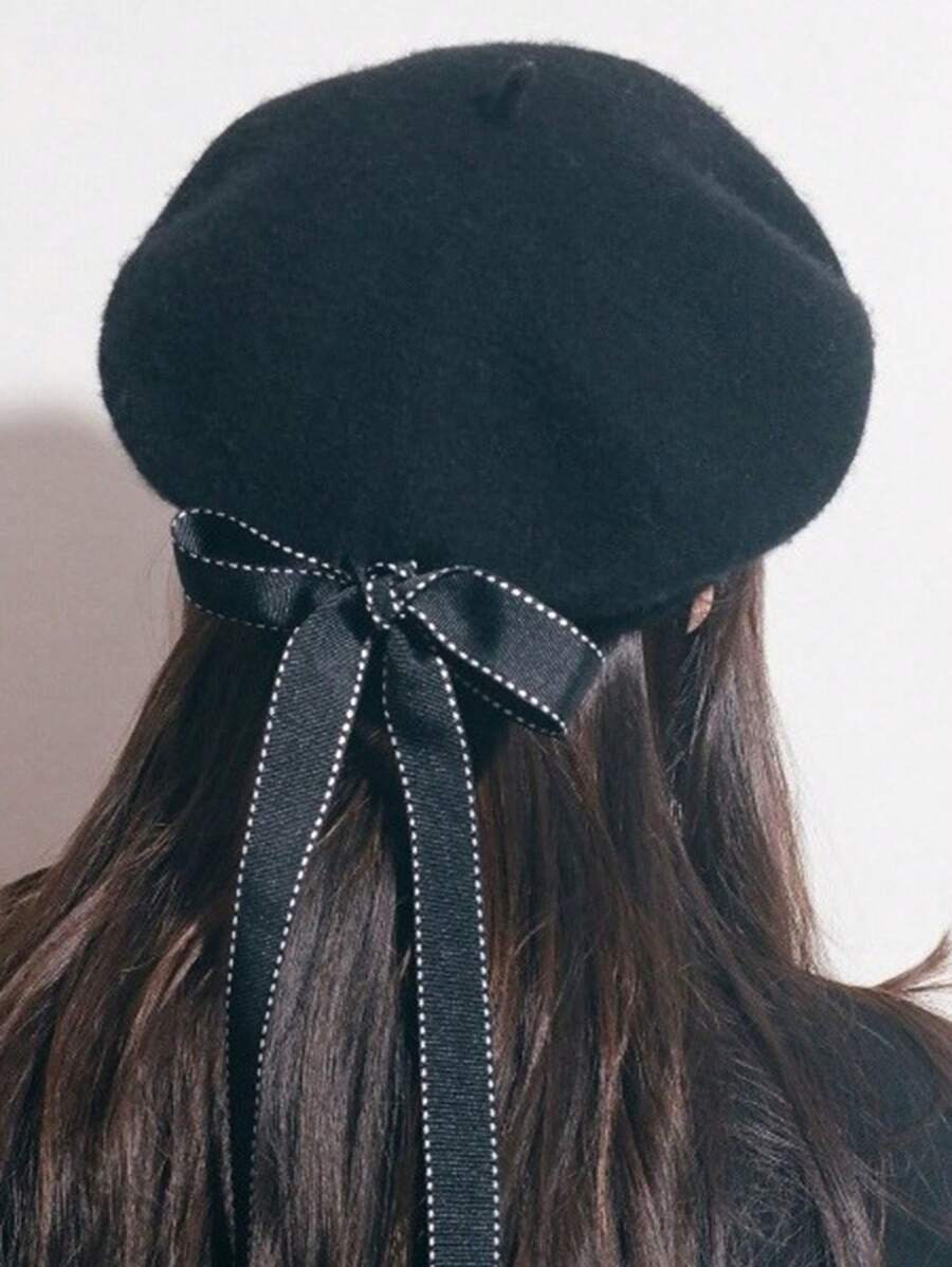 1 件女士蝴蝶结贝雷帽秋冬贝雷帽羊毛画家帽情人节 - 黑色 - 查看 1