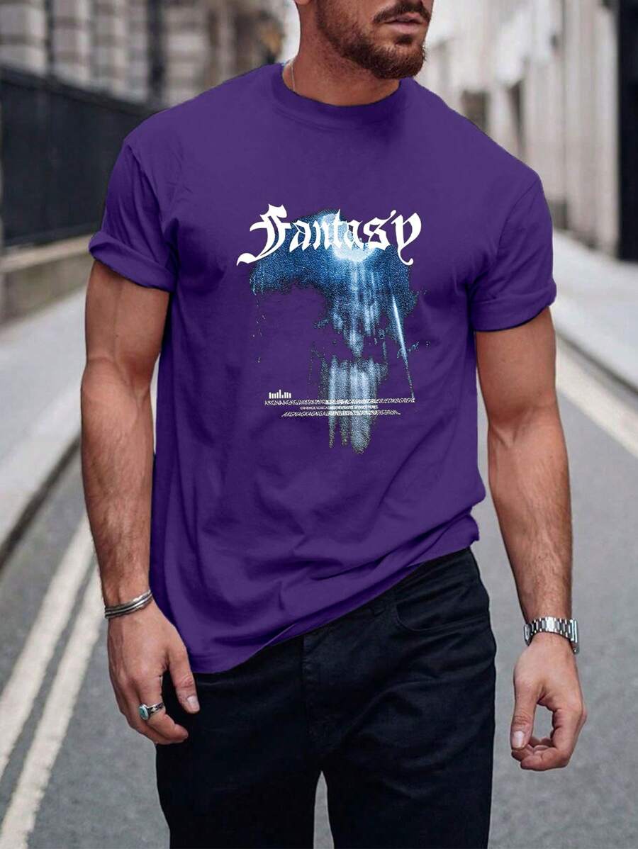 Street Life Camiseta con gráfico de letras para hombres, escuela - Morado Violeta - Ver 1