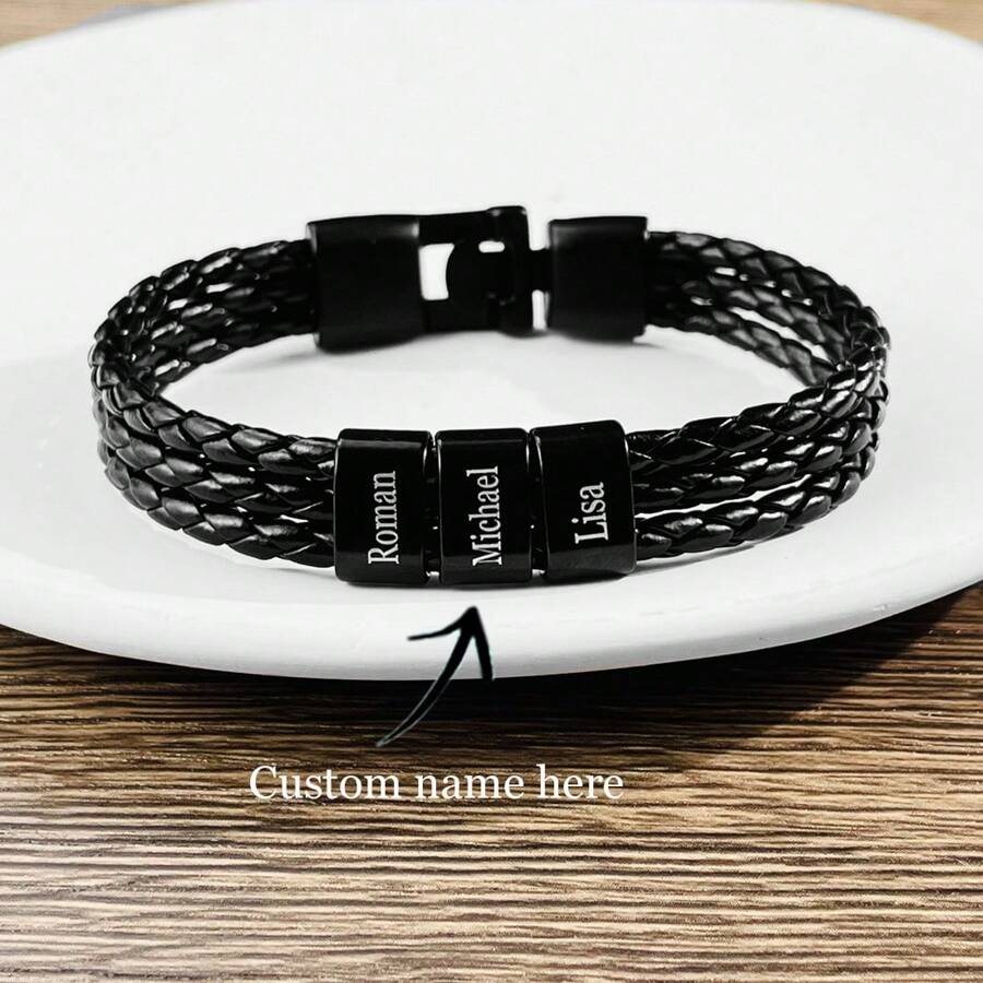 1 pieza Pulsera de PU grabada personalizadamente para hombres - Estilo de moda Brazalete personalizado con nombre con cuerda trenzada ajustable, regalo ideal para papá, esposo, hijo, tío, abuelo - Multicolor - Ver 1