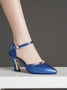 Tacones altos de punta, tacón grueso, correa con hebilla, decoración hueca y de strass, elegante - azul real - Ver 3