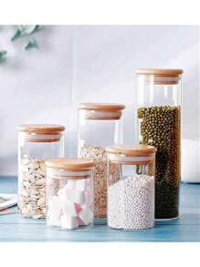 Multipurpose Airtight Glass Jars For Storing Groceries Food Seasonings With Bamboo Lid - Trong suốt - Xem 3