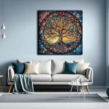 1pc Tree Of Life Mandala, Yggdrasil Painting Canvas, Mosaic Stained Print, Mythology Gift, World Tree, Celtic Wall Art, Vibrant Mandala, Canvas Wall Decor For Living Room, Bed Room,Poster Gifts Birthday Graduation