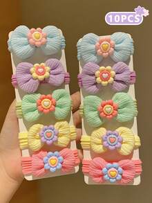 10 件可爱女孩花朵发带，不伤头发，高弹力，甜美小女孩蝴蝶结发绳，儿童发饰，百搭 - 彩色 - 查看 2