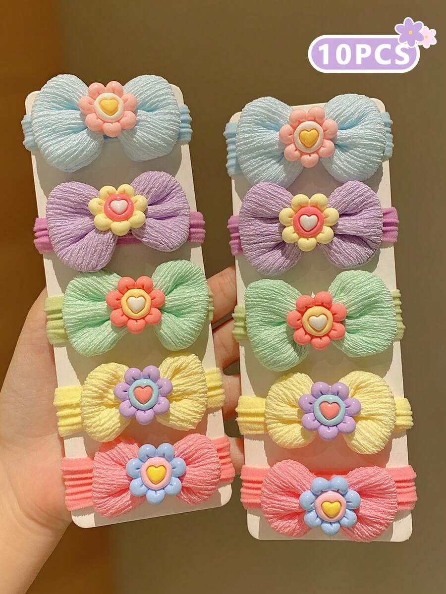 10 件可爱女孩花朵发带，不伤头发，高弹力，甜美小女孩蝴蝶结发绳，儿童发饰，百搭