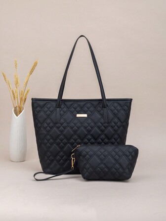 2pcs Quilted Wave Pattern Retro Geometric Print Large Capacity Tote Bag & Coin Purse For Women