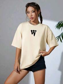 Oversized Women's Casual Off-Shoulder T-Shirt 100% Cotton With Letter W Design Printed - 米色 - 查看 1
