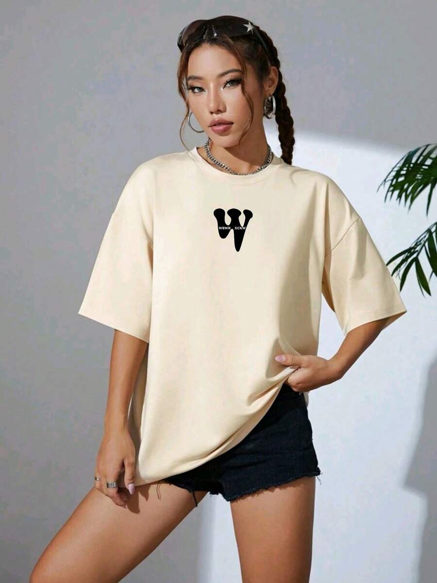 Oversized Women's Casual Off-Shoulder T-Shirt 100% Cotton With Letter W Design Printed - 米色 - 查看 1