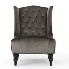 High Back Wingback Accent Chair Fabric Armchair With Tufted Button & Retro Wooden Legs, Comfy Upholstered Sofa Chair For Living Room Bedroom - 灰色天鵝絨 - 查看 5