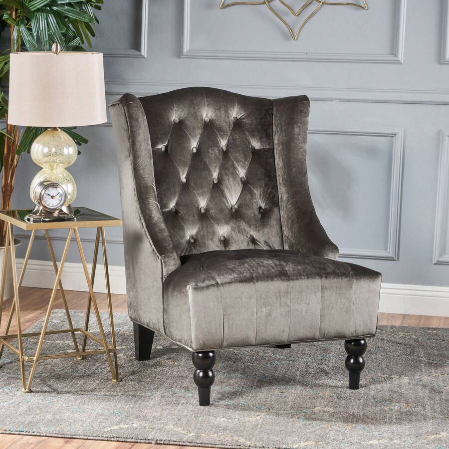 High Back Wingback Accent Chair Fabric Armchair With Tufted Button & Retro Wooden Legs, Comfy Upholstered Sofa Chair For Living Room Bedroom - 灰色天鵝絨 - 查看 1