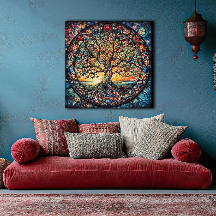 1pc Tree Of Life Mandala, Yggdrasil Painting Canvas, Mosaic Stained Print, Mythology Gift, World Tree, Celtic Wall Art, Vibrant Mandala, Canvas Wall Decor For Living Room, Bed Room,Poster Gifts Birthday Graduation