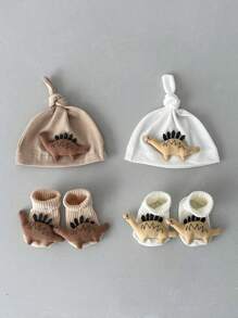 1 conjunto Gorro de Bebê Recém-Nascido com Impressão Fofa de Dinossauro, Combo de Meias, Primavera Outono