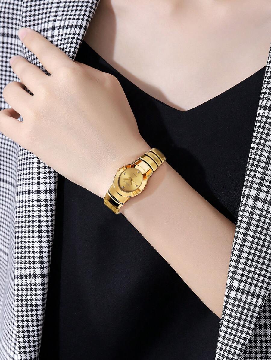 OUPAI 1 件女士优雅椭圆形银色钨钢表带休闲手表，金色表壳，小表盘，防水，适合日常生活和聚会 - 金色 - 查看 1