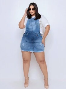 Plus Size Denim Overalls - 淺色水洗藍 - 查看 2