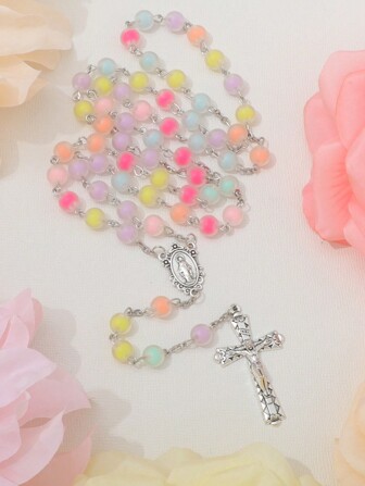 KOMI 1pc Handmade Candy Texture Beaded Cross Necklace, Baptism Gift, Virgin Mary & Jesus Cross Pendant