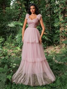 Faeriesty Đầm dạ hội trang trọng xếp lớp sequin sang trọng, viền vải tuyn, váy dạ hội thanh lịch, dành cho khách dự tiệc cưới, tốt nghiệp, tiệc tối - Bụi hồng - Xem 4