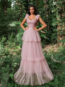 Faeriesty Đầm dạ hội trang trọng xếp lớp sequin sang trọng, viền vải tuyn, váy dạ hội thanh lịch, dành cho khách dự tiệc cưới, tốt nghiệp, tiệc tối - Bụi hồng - Xem 5