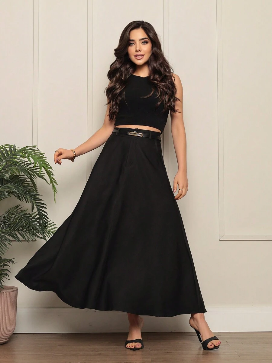 Long Tailored Skirt With Belt Moda Elegancia - màu đen - Xem 1