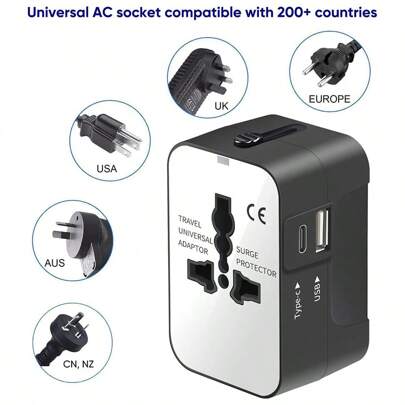 Travel Adapter, Worldwide All In One Universal Travel Adaptor AC Power Plug Adapter Wall Charger With USB-C And USB-A Charging Ports For USA EU UK AUS Black