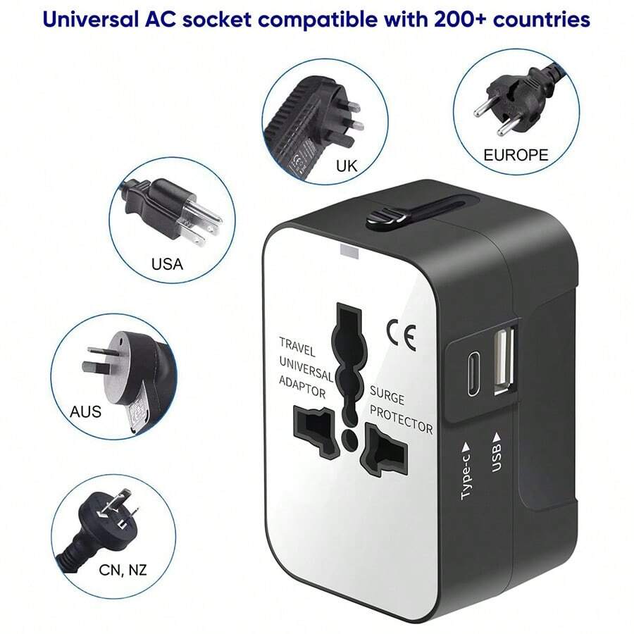 Travel Adapter, Worldwide All In One Universal Travel Adaptor AC Power Plug Adapter Wall Charger With USB-C And USB-A Charging Ports For USA EU UK AUS Black - Đen và trắng - Xem 1
