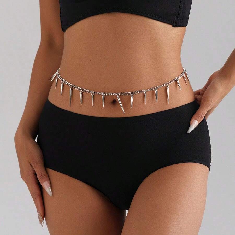 1pc Women's Geometric Rivet Waist Chain Minimalist Cone Sexy Body Chain - Silver - View 1