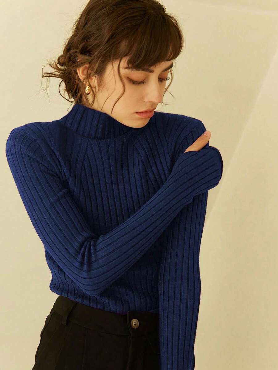 Knit Mix Elegant Women's Turtleneck Knit Sweater, Slim Fit Long Sleeve Essential Pullover, Versatile French Retro Christmas Jumper, Thanksgiving New Year, Distinctive Vintage Style Sweater, Back To School Autumn/Winter - Blue - View 1