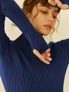 Knit Mix Elegant Women's Turtleneck Knit Sweater, Slim Fit Long Sleeve Essential Pullover, Versatile French Retro Christmas Jumper, Thanksgiving New Year, Distinctive Vintage Style Sweater, Back To School Autumn/Winter - Blue - View 7