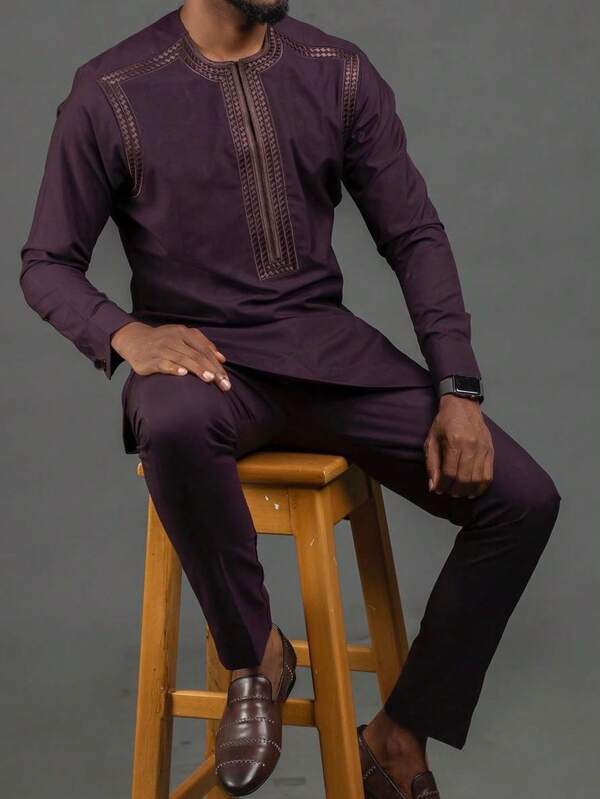 Dashiki 2 Peças Terno Kaftan Elegante e de Luxo para Homens, Camisa Bordada de Manga Longa e Terno de Calça Casual, Terno de Casamento Festivo para Homens