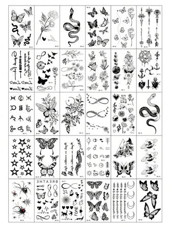 30 Creative And Exquisite Temporary Tattoo Stickers With Black Butterfly Flowers And Text Design, Suitable For Fingers, Wrists, And Small Body Parts