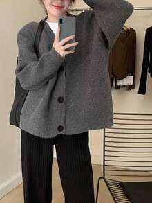 Women Simple Korean Style Casual Cardigan For Autumn And Winter - Grey - View 3