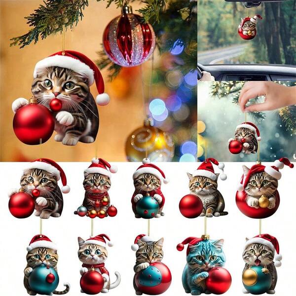 10pcs,Cute Cat Christmas Ball Ornament - 2D Hanging Xmas Decoration For Tree, Festival Party - Perfect Gift For Cat Lovers,Christmas Decor,Christmas Gift