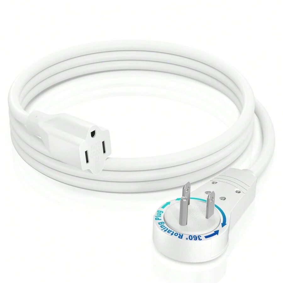 Maximm Cable 360° Rotating Flat Plug Extension Cord/Wire, 3 Prong Grounded Wire - UL Certified - White - View 1