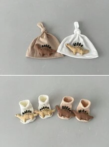 1 conjunto Gorro de Bebê Recém-Nascido com Impressão Fofa de Dinossauro, Combo de Meias, Primavera Outono