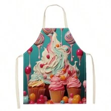 1pc Cartoon Cat, Ice Cream, Small Dog With Pink Bow 3D Pattern Linen Apron For Kitchen Cooking Home Use - Multicolor - View 15