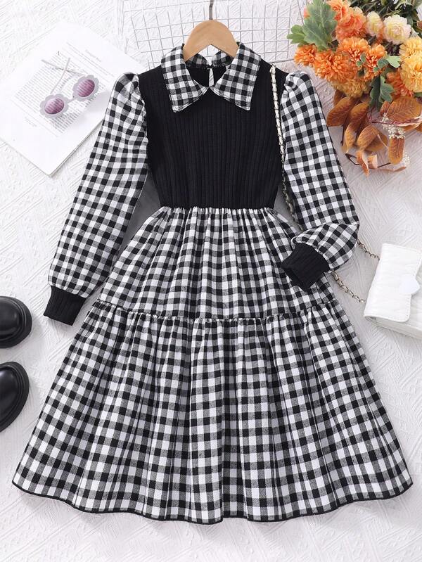Tween Girl Plaid Patchwork 2 In 1 Long Sleeve Dress