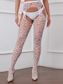 1Pair Women Fishnet Tights Heart Pattern Sheer Pantyhose Ladies Thigh High Stockings With Garter - White - View 3