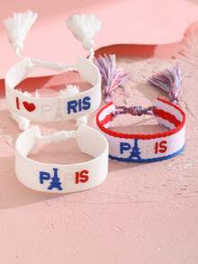 1 件个性化时尚“巴黎”刺绣编织流苏手链，适合儿童，手工编织腕带，适合青少年女孩，精致时尚派对腕带，适合日常装饰 - 彩色 - 查看 1