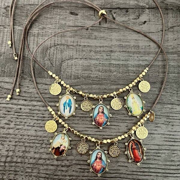 1pc,  Virgin Mary Jesus And Baby Necklace Oval Shape Glass Cabochon Photo Dome Long Cord Choker Collar Christian Jewelry