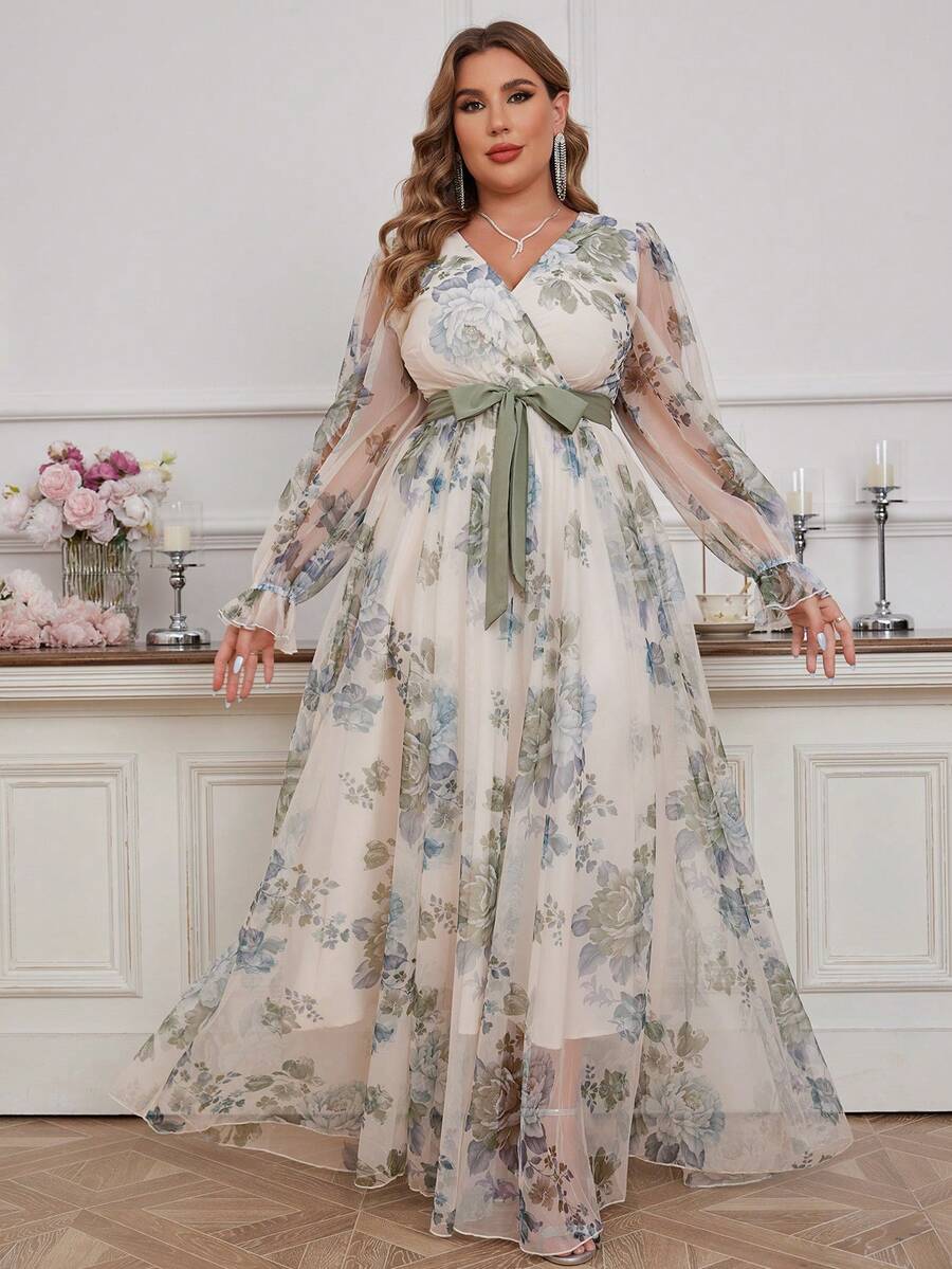 Plus Size Floral Print V-Neck Spliced Mesh Modest Long Sleeve Dress - Apricot - View 1