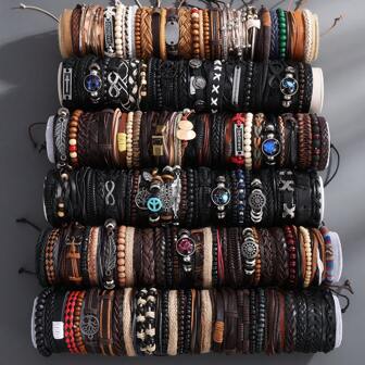 10/20/30pcs Fashionable Men Vintage Leather Cord Braided Bracelet Set, Multi-Layer Alloy Magnetic Closure Beaded Handmade Bracelets