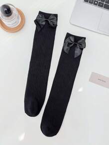 1pair Kids Bow Decor Solid Color Over-The-Knee Long Socks, Girls Spring Summer Thin School Style - Black - View 3