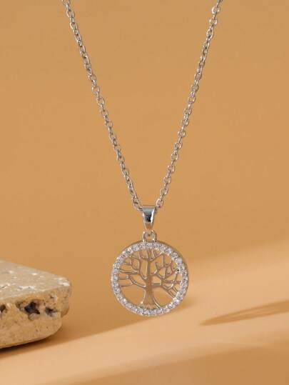 1pc Silver Color Fashionable Women's Necklace With Popular Hollow Out Tree Of Life Pendant, European And American Style, Stainless Steel Geometric Collarbone Chain With Stone Decoration