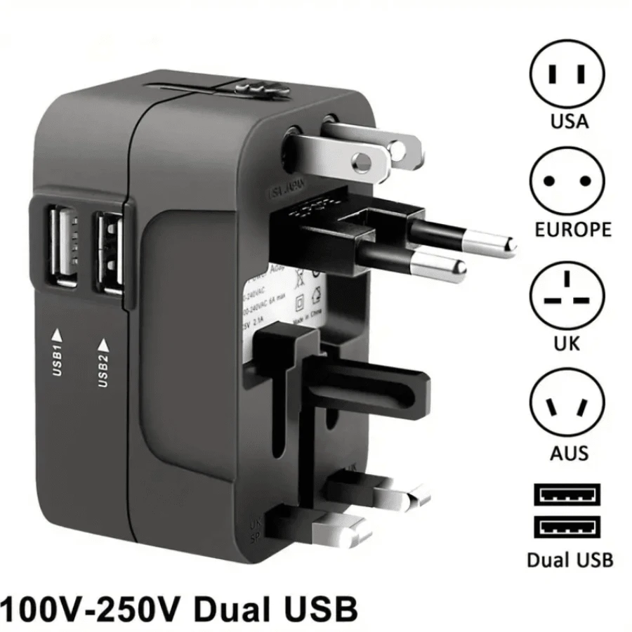Travel Adapter, Worldwide All In One Universal Travel Adaptor AC Power Plug Adapter Wall Charger With USB-C And USB-A Charging Ports For USA EU UK AUS Black