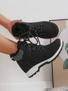 女士系带冬季保暖雪地靴，户外高帮厚运动鞋，多色中性雪地靴 - 黑色 - 查看 2