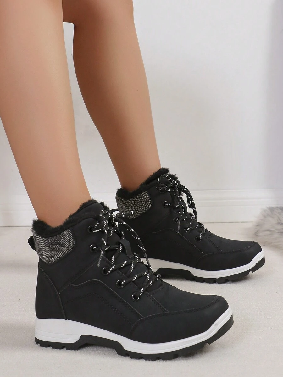 女士系带冬季保暖雪地靴，户外高帮厚运动鞋，多色中性雪地靴 - 黑色 - 查看 1