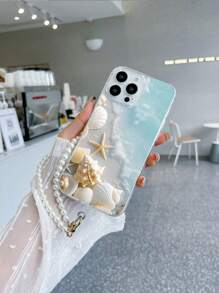1 Stück transparente TPU Handyhülle mit Muschel- und Seestern-Muster, stoßfest, und 1 Stück weißer Herz-Perlen-Handgelenkriemen, kompatibel mit Android-Smartphones wie Galaxy A51 4G, A52, A52s 5G, S23 Ultra, A13 4G, A12, S22 Ultra, OPPO A54, internationale Version, nicht die Inlandsversion - Verschiedenfarbig - Übersicht 3