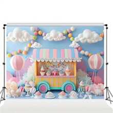 新款糖果乐园甜蜜棒棒糖和冰淇淋派对背景布粉色摄影背景，适合生日夏季春季庆典，无需电源背景布 - 多色 - 查看 3