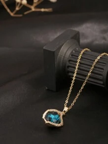 1pc Stainless Steel Drop Pendant Necklace, 18K Gold Color With Blue Artificial Zirconia Flame Design, Suitable For Women Party And Daily Wear